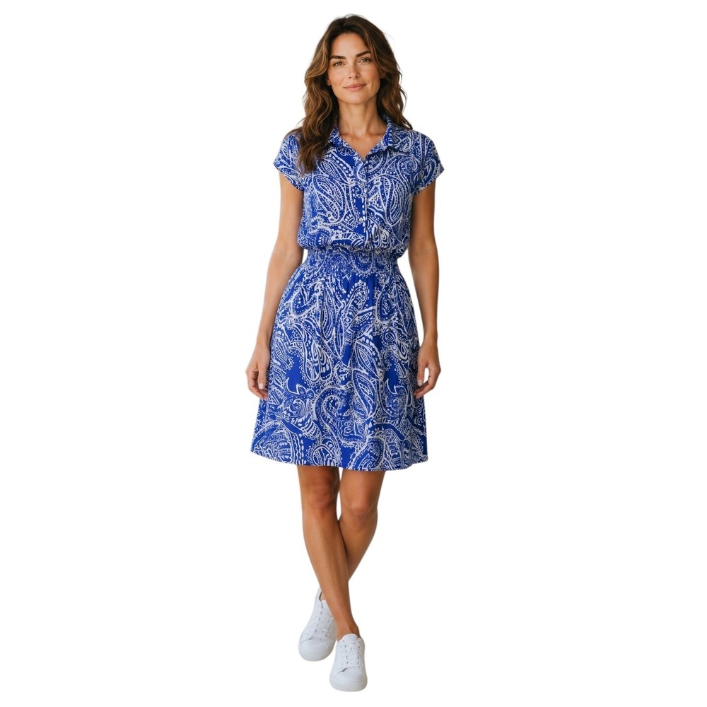 En Focus Blouson Shirt Dress Women's Size 12 Navy & White Paisley Short Sleeve